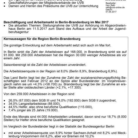 UVB-Arbeitsmarktbericht Mai 2017